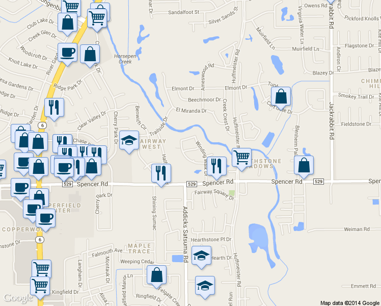map of restaurants, bars, coffee shops, grocery stores, and more near 14915 Heflin Lane in Houston
