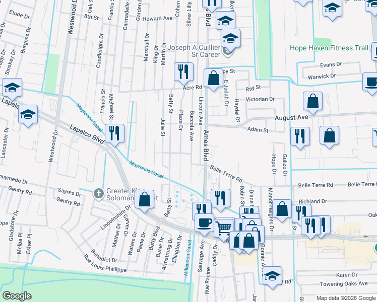 map of restaurants, bars, coffee shops, grocery stores, and more near 1752 Buccola Avenue in Marrero
