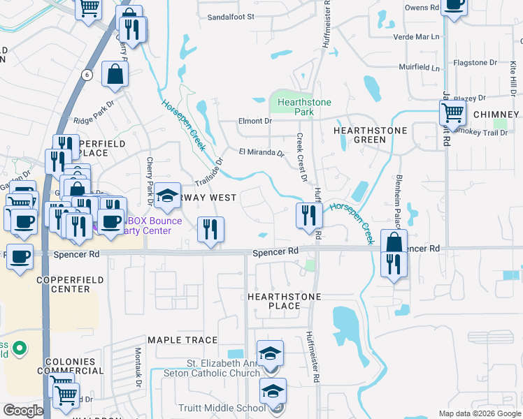map of restaurants, bars, coffee shops, grocery stores, and more near 14915 Heflin Lane in Houston