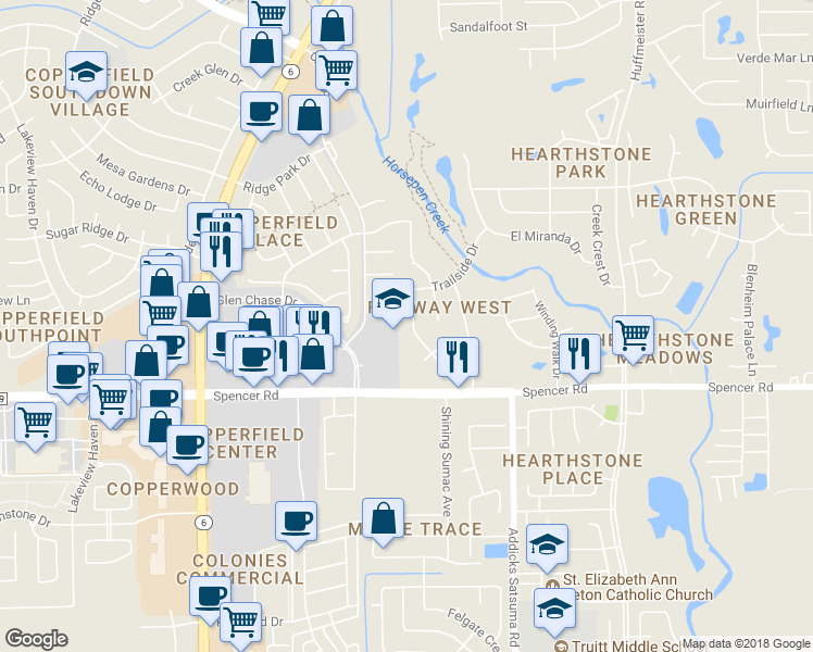 map of restaurants, bars, coffee shops, grocery stores, and more near 7123 Willow Bridge Circle in Houston
