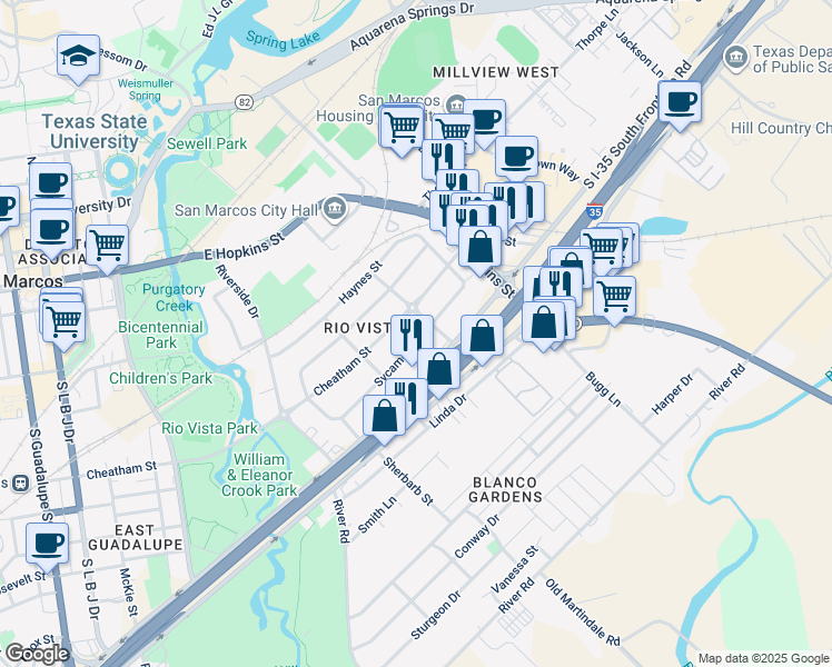 map of restaurants, bars, coffee shops, grocery stores, and more near 1051 Sycamore Street in San Marcos