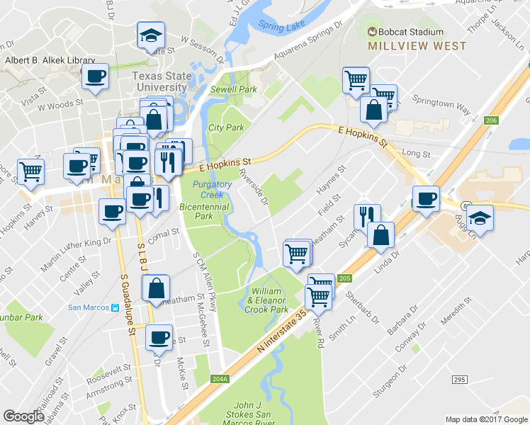 map of restaurants, bars, coffee shops, grocery stores, and more near 127 Riverside Drive in San Marcos