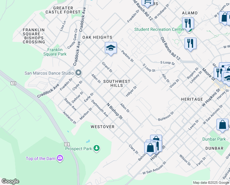 map of restaurants, bars, coffee shops, grocery stores, and more near 1106/08 Hazelton Street in San Marcos