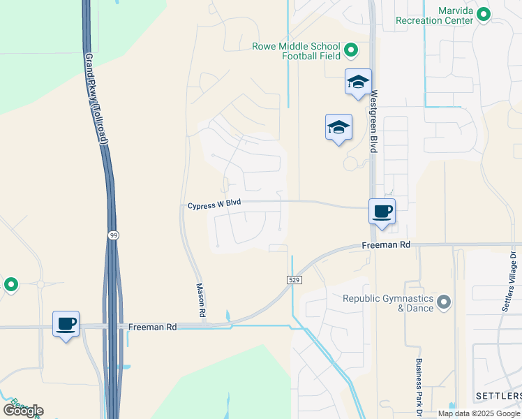 map of restaurants, bars, coffee shops, grocery stores, and more near Westgreen Road in Cypress