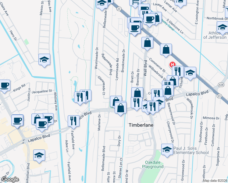 map of restaurants, bars, coffee shops, grocery stores, and more near 556 Lynnmeade Road in Gretna