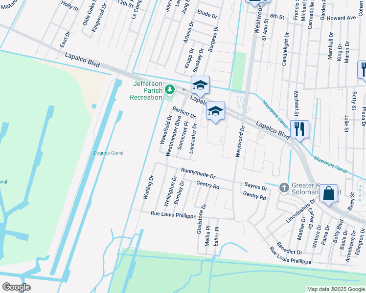 map of restaurants, bars, coffee shops, grocery stores, and more near 1613 Somerset Place in Marrero