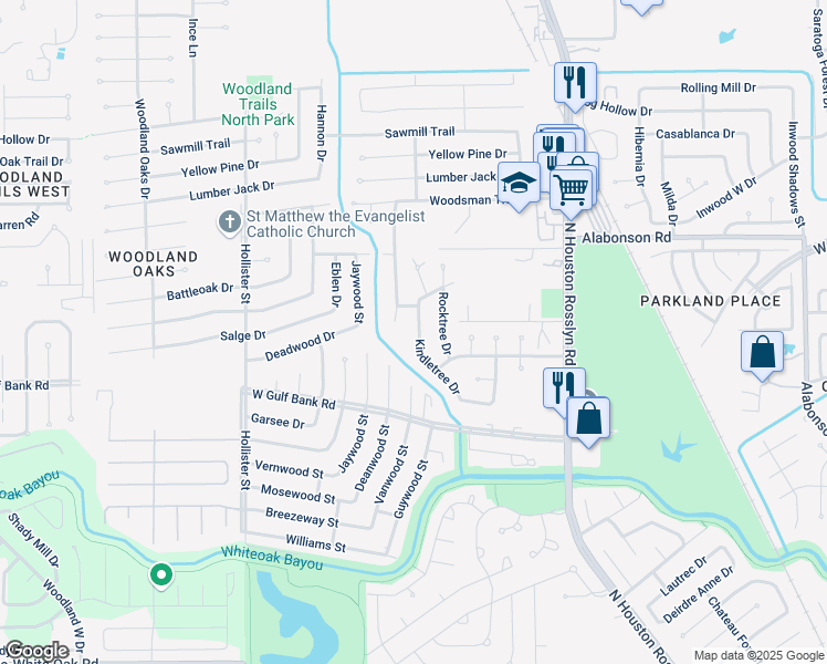 map of restaurants, bars, coffee shops, grocery stores, and more near 9715 Kindletree Drive in Houston