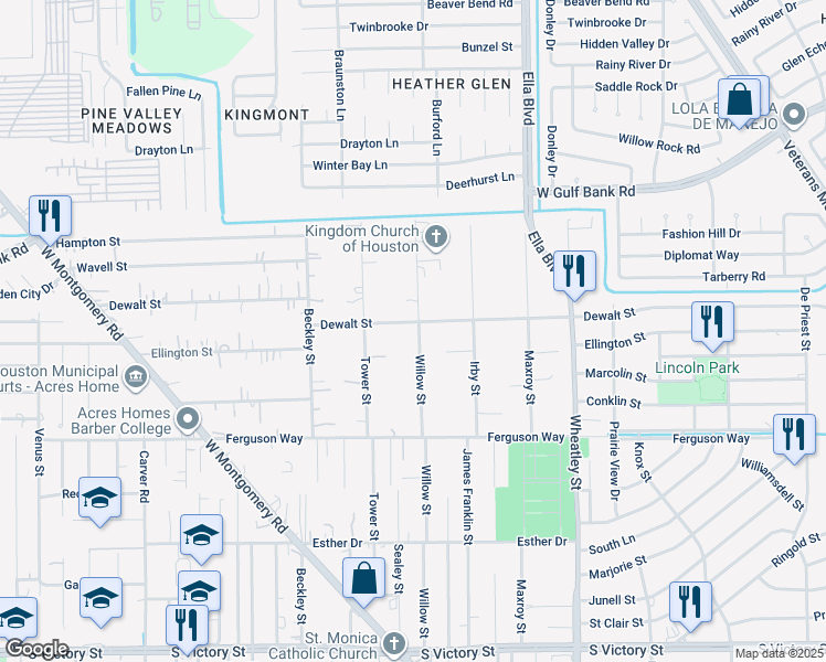 map of restaurants, bars, coffee shops, grocery stores, and more near 9515 Willow Street in Houston