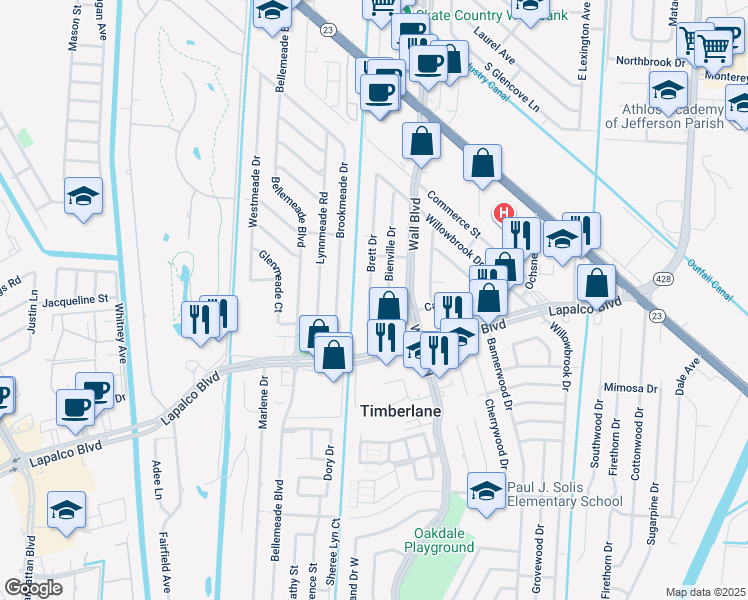 map of restaurants, bars, coffee shops, grocery stores, and more near 319 Brett Drive in Gretna