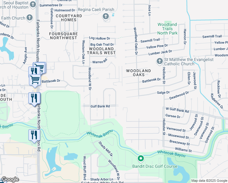 map of restaurants, bars, coffee shops, grocery stores, and more near 7435 Shady Vale Lane in Houston