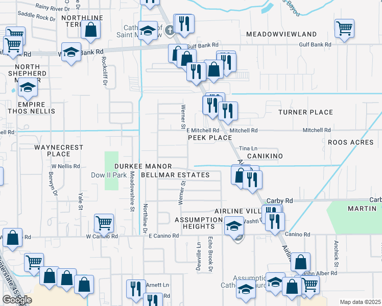 map of restaurants, bars, coffee shops, grocery stores, and more near 8406 Werner St in Houston