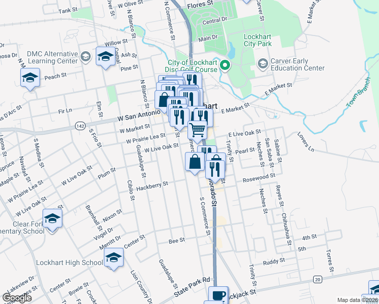 map of restaurants, bars, coffee shops, grocery stores, and more near 415 South Commerce Street in Lockhart