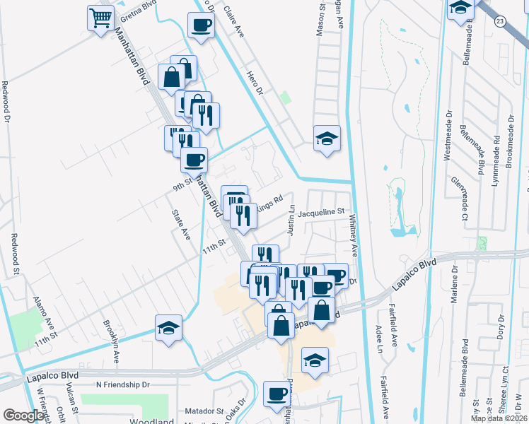 map of restaurants, bars, coffee shops, grocery stores, and more near 1539 Kings Road in Harvey