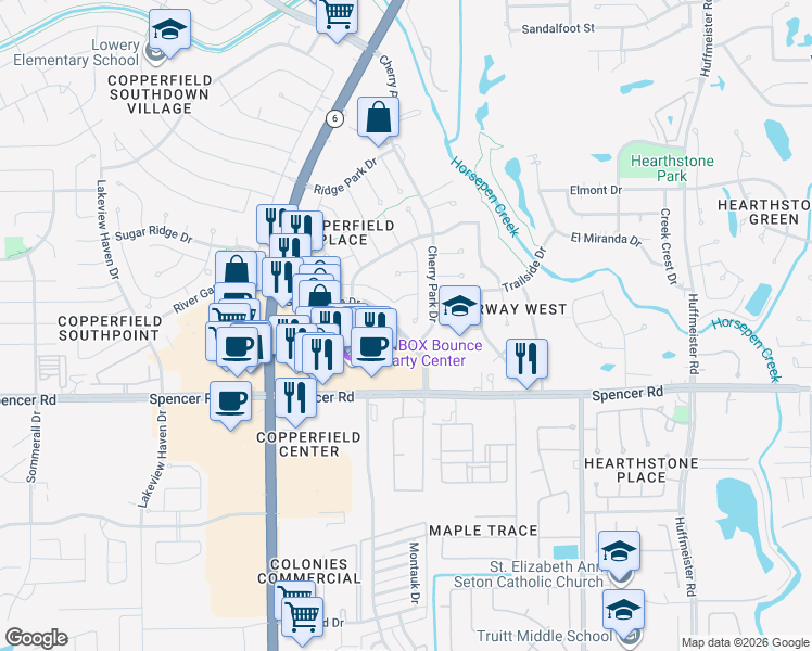 map of restaurants, bars, coffee shops, grocery stores, and more near 7103 Bristol Ridge Drive in Houston