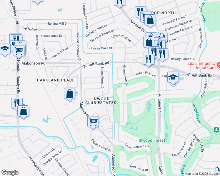 map of restaurants, bars, coffee shops, grocery stores, and more near 7918 Sunnyvale Forest Drive in Houston