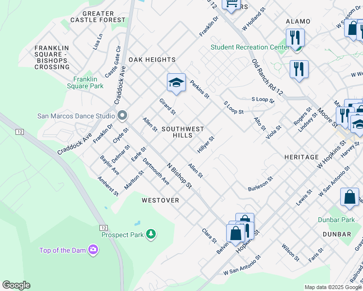 map of restaurants, bars, coffee shops, grocery stores, and more near 1106/08 Hazelton Street in San Marcos