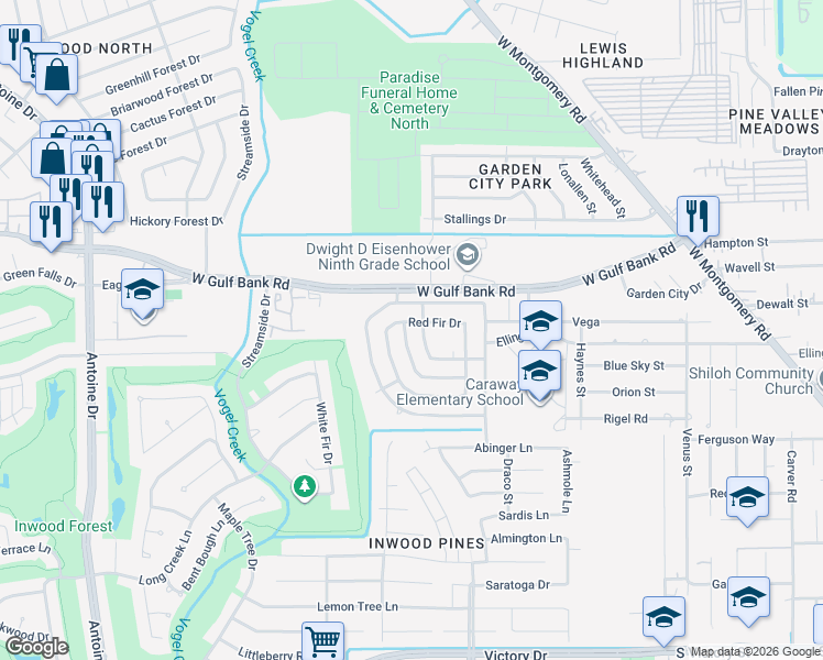 map of restaurants, bars, coffee shops, grocery stores, and more near 8822 Cold Lake Drive in Houston