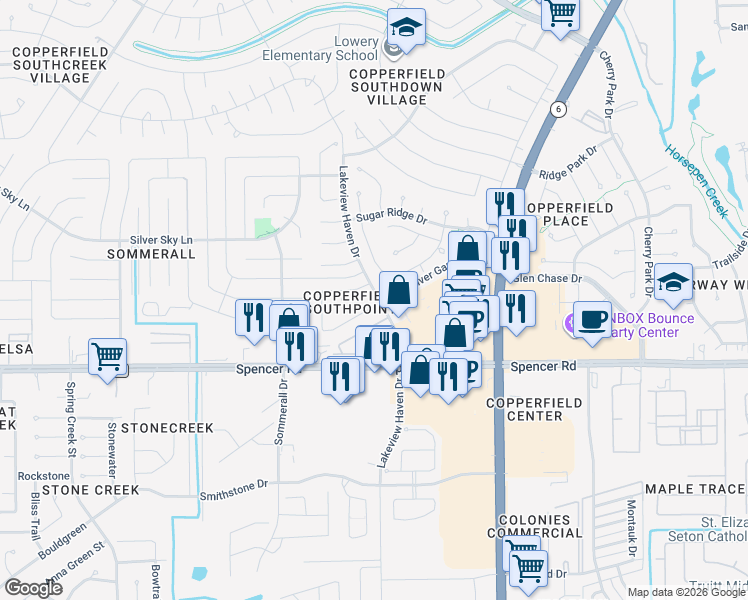 map of restaurants, bars, coffee shops, grocery stores, and more near 7063 Lakeview Haven Drive in Houston