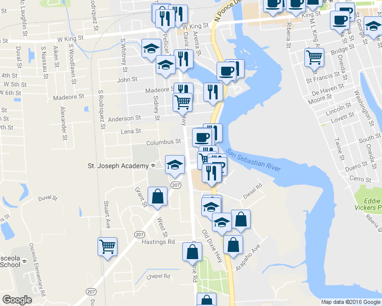 map of restaurants, bars, coffee shops, grocery stores, and more near 79 South Dixie Highway in St. Augustine