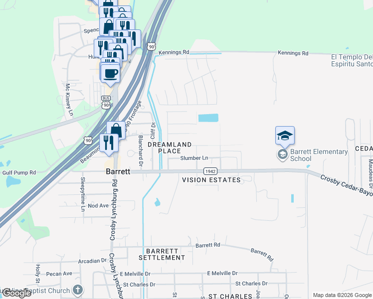 map of restaurants, bars, coffee shops, grocery stores, and more near 13315 Jean La Fitte in Crosby