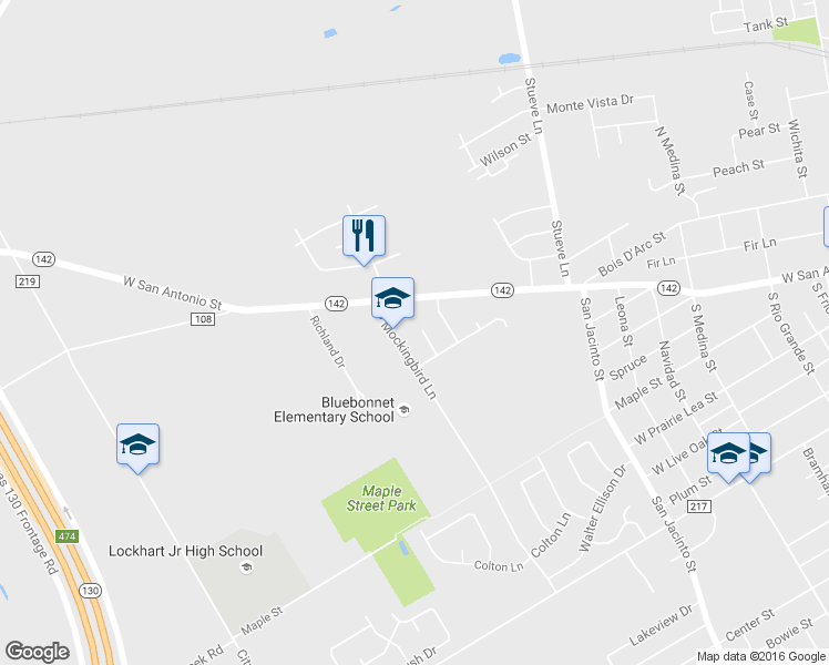 map of restaurants, bars, coffee shops, grocery stores, and more near 113 Quail Cove in Lockhart