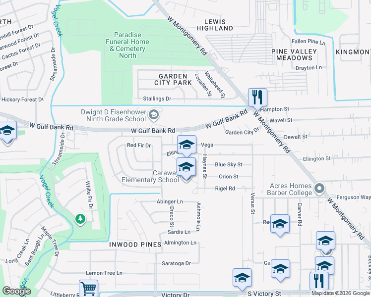 map of restaurants, bars, coffee shops, grocery stores, and more near 3407 Vega Drive in Houston