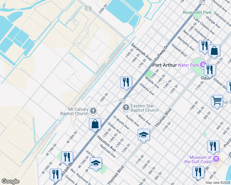 map of restaurants, bars, coffee shops, grocery stores, and more near 611 17th Street in Port Arthur