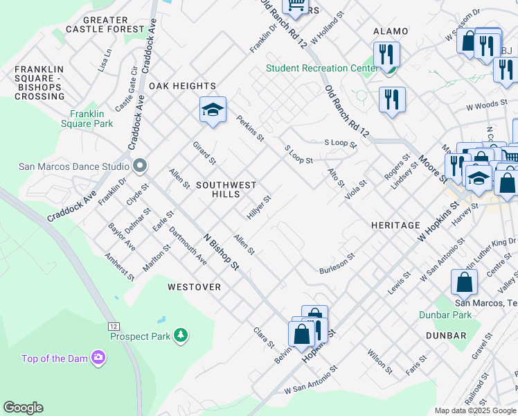 map of restaurants, bars, coffee shops, grocery stores, and more near 1000 Hillyer Street in San Marcos