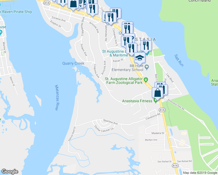 map of restaurants, bars, coffee shops, grocery stores, and more near 208 Coquina Avenue in St. Augustine