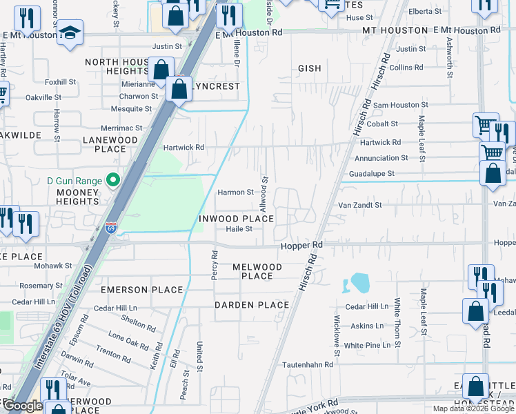 map of restaurants, bars, coffee shops, grocery stores, and more near 5025 Van Zandt Street in Houston