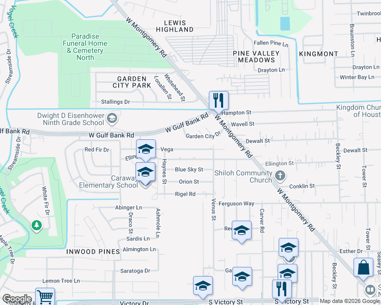 map of restaurants, bars, coffee shops, grocery stores, and more near 2835 Vega Drive in Houston