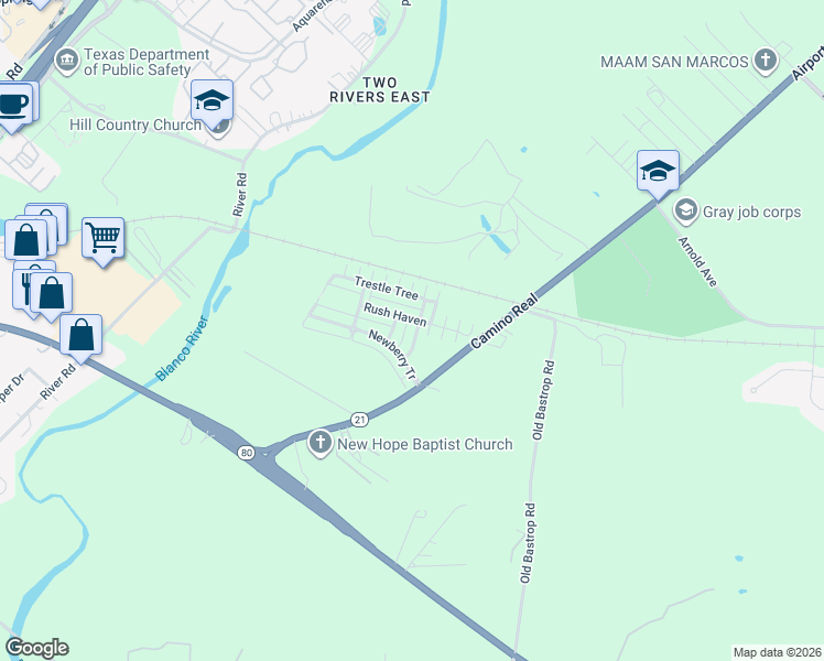 map of restaurants, bars, coffee shops, grocery stores, and more near 414 Heart Ridge in San Marcos