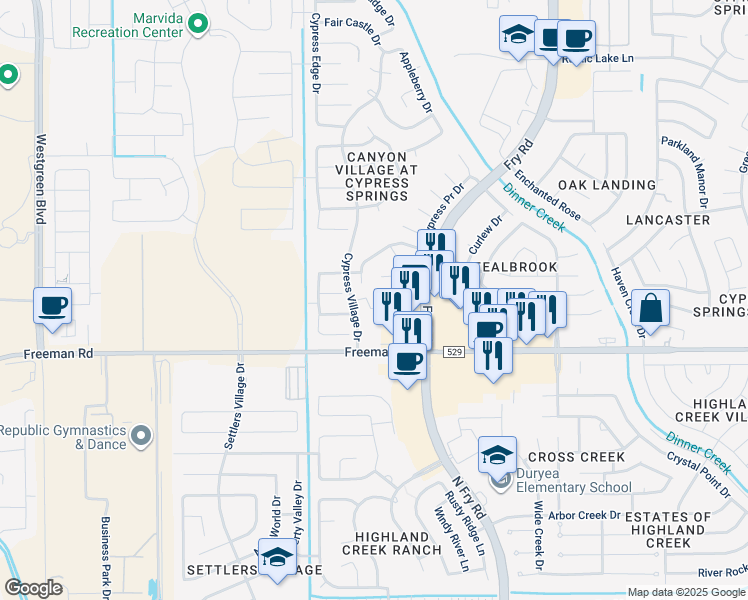 map of restaurants, bars, coffee shops, grocery stores, and more near 20531 Cypress Gully Drive in Cypress