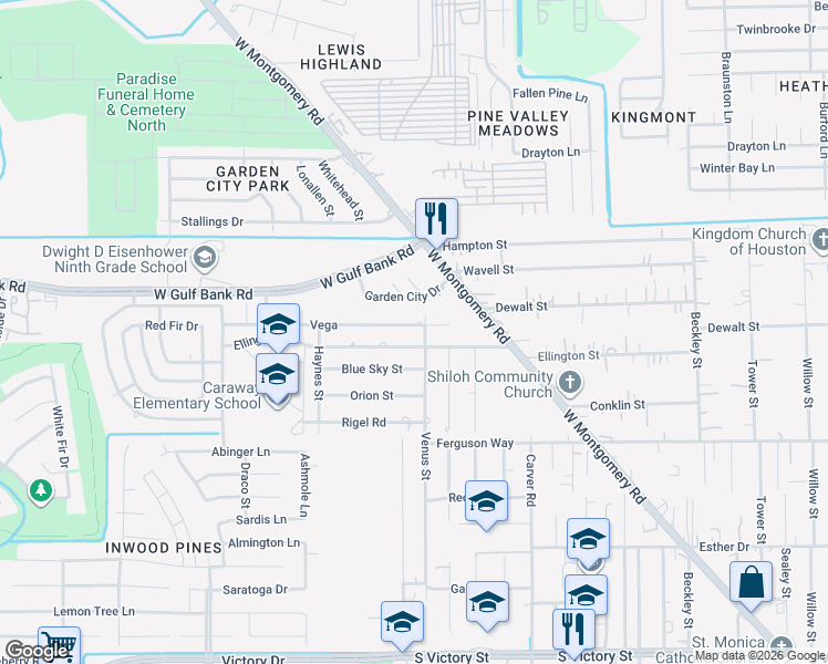 map of restaurants, bars, coffee shops, grocery stores, and more near 2807 Vega in Houston