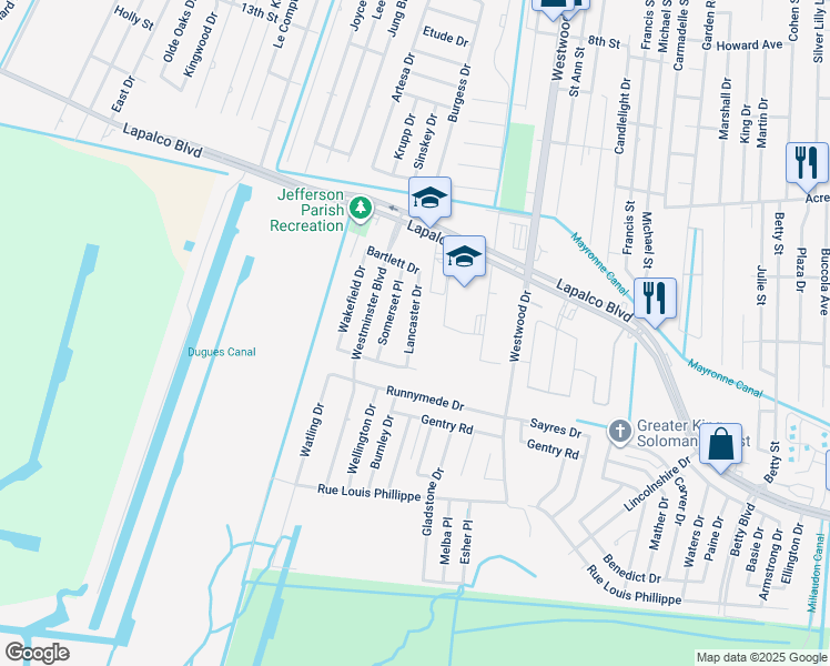 map of restaurants, bars, coffee shops, grocery stores, and more near 1609 Lancaster Drive in Marrero