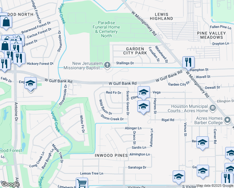 map of restaurants, bars, coffee shops, grocery stores, and more near 3623 Red Fir Drive in Houston