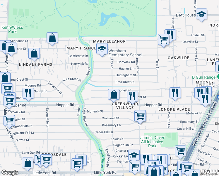 map of restaurants, bars, coffee shops, grocery stores, and more near 3025 Mooney Road in Houston
