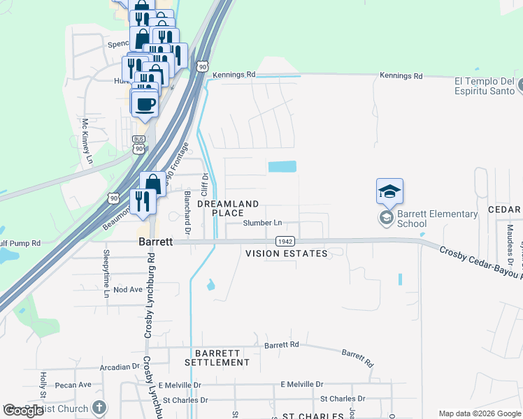 map of restaurants, bars, coffee shops, grocery stores, and more near 13315 Jean La Fitte in Crosby