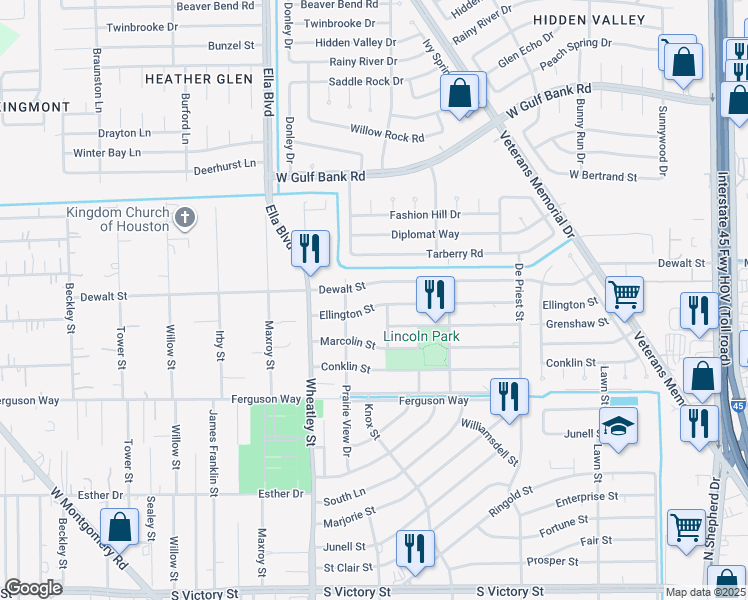 map of restaurants, bars, coffee shops, grocery stores, and more near 1038 Ellington St in Houston