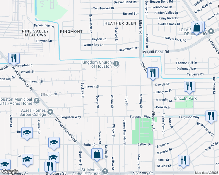 map of restaurants, bars, coffee shops, grocery stores, and more near 9515 Willow Street in Houston