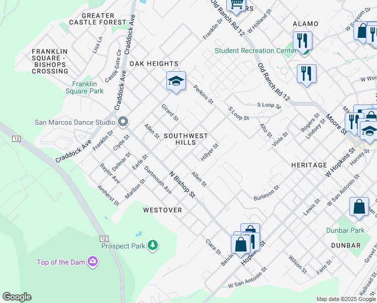 map of restaurants, bars, coffee shops, grocery stores, and more near 1106/08 Hazelton Street in San Marcos