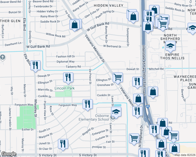 map of restaurants, bars, coffee shops, grocery stores, and more near 850 Ellington Street in Houston