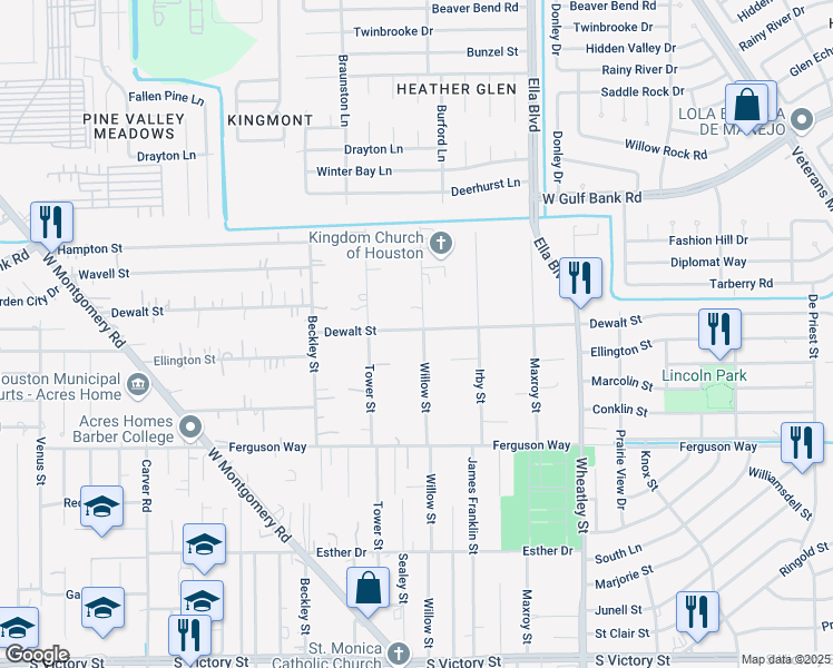 map of restaurants, bars, coffee shops, grocery stores, and more near 9515 Willow Street in Houston