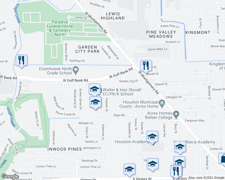 map of restaurants, bars, coffee shops, grocery stores, and more near 2926 Ellington Street in Houston