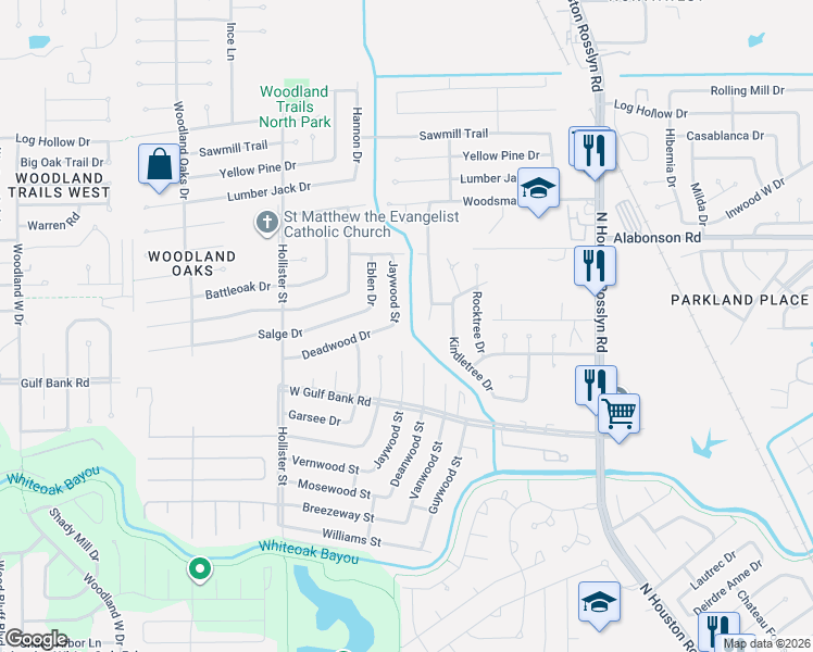 map of restaurants, bars, coffee shops, grocery stores, and more near 9630 Jaywood Street in Houston