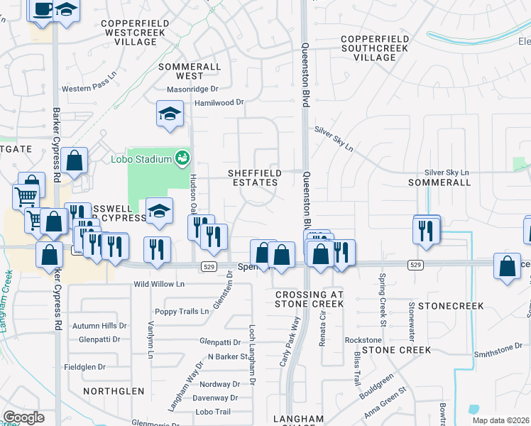 map of restaurants, bars, coffee shops, grocery stores, and more near 17230 Rush Trace Court in Houston