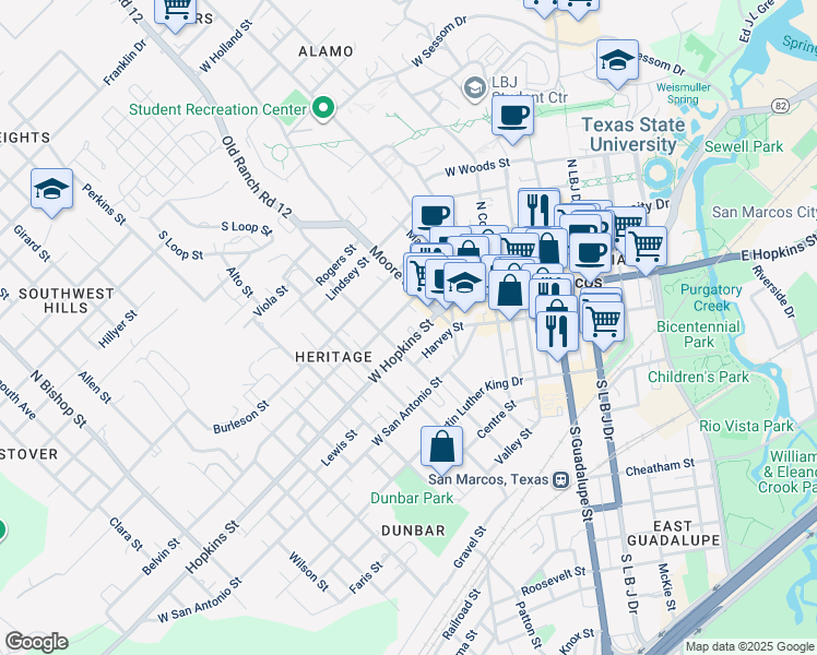 map of restaurants, bars, coffee shops, grocery stores, and more near 536 West Hopkins Street in San Marcos