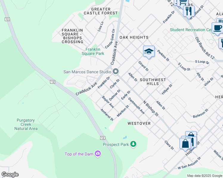 map of restaurants, bars, coffee shops, grocery stores, and more near 1308 Columbia Avenue in San Marcos
