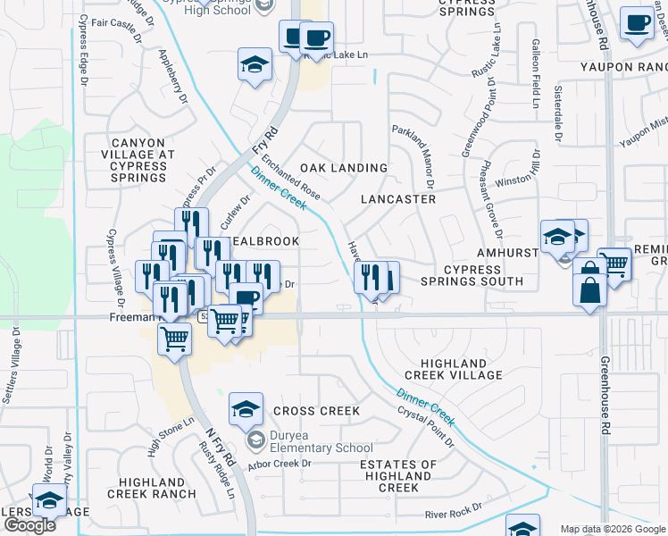 map of restaurants, bars, coffee shops, grocery stores, and more near 20106 Mountaindale Drive in Cypress