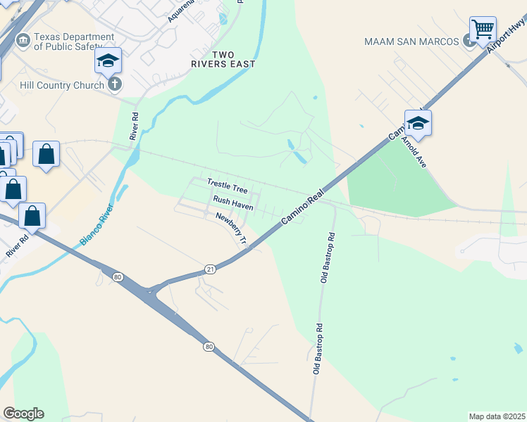 map of restaurants, bars, coffee shops, grocery stores, and more near 131 Rush Haven in San Marcos